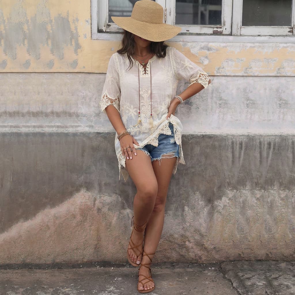 Roupas De Praia Elegante Feminino Bata Indiana Feminina Algodão Saida de Banho Casual Boho Chic / MODA Verão 2557