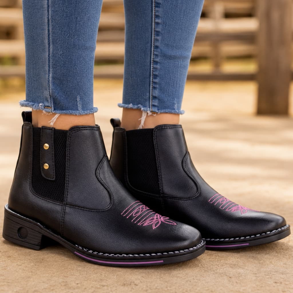 Botina Bota Feminina Texana Bordada Cano Curto Country Rodeio