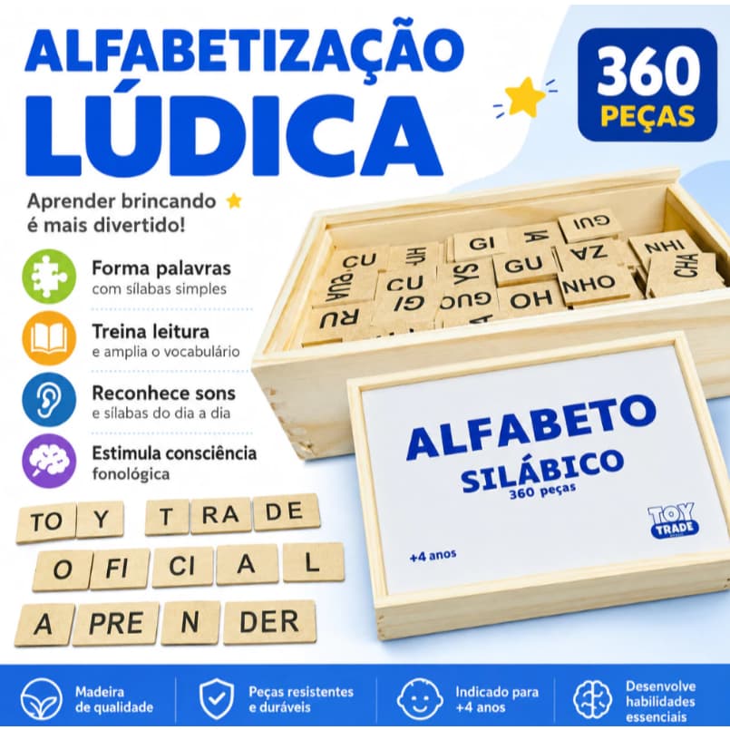 Alfabeto Silábico em Madeira com 360 Peças – Brinquedo Pedagógico para Formar Palavras e Sílabas