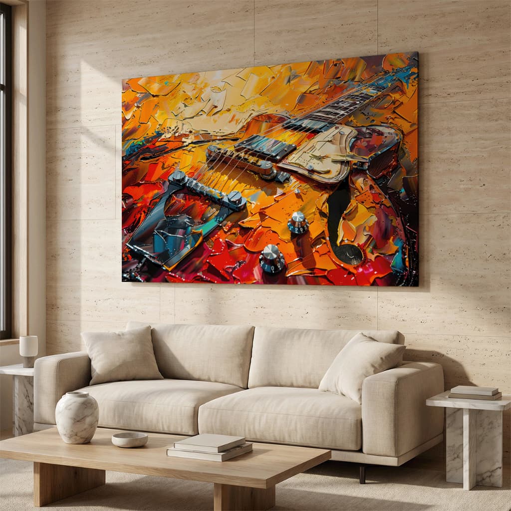 Quadro Decorativo Guitarra Elétrica – Arte Abstrata Colorida em Tons Vibrantes, Estilo Rock Moderno e Contemporâneo