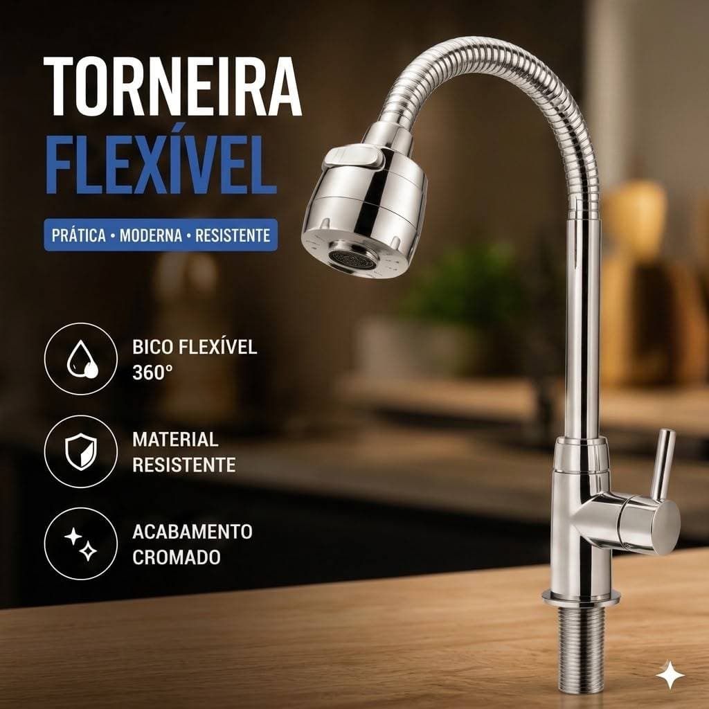 Torneira Gourmet Para Bancada Cozinha Mesa Pia Cromado Inox Flexivel Jato Duplo 1/4