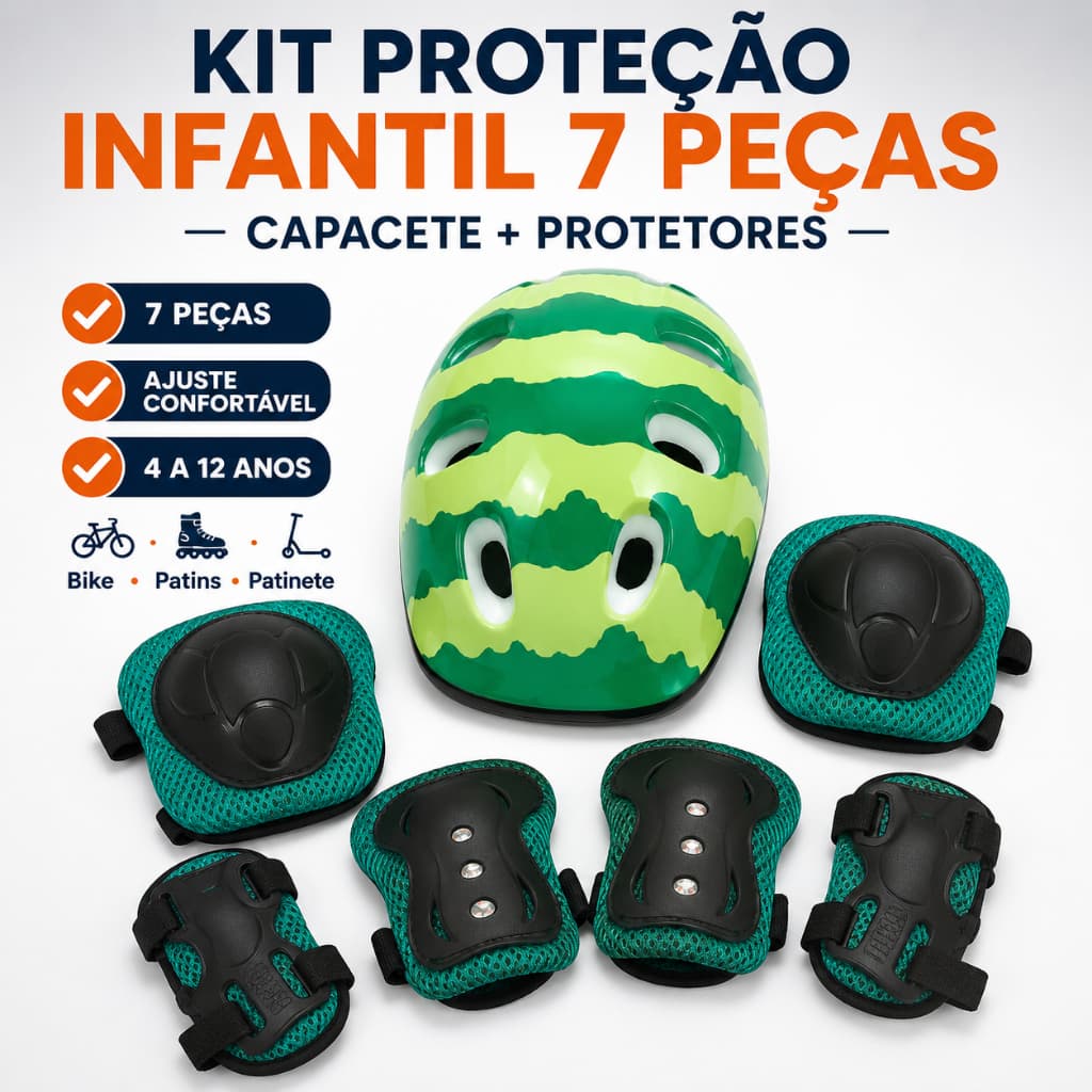 Kit Proteção Infantil 7 Peças Capacete Joelheira Cotoveleira Munhequeira Bike Patins 4 a 12 Anos