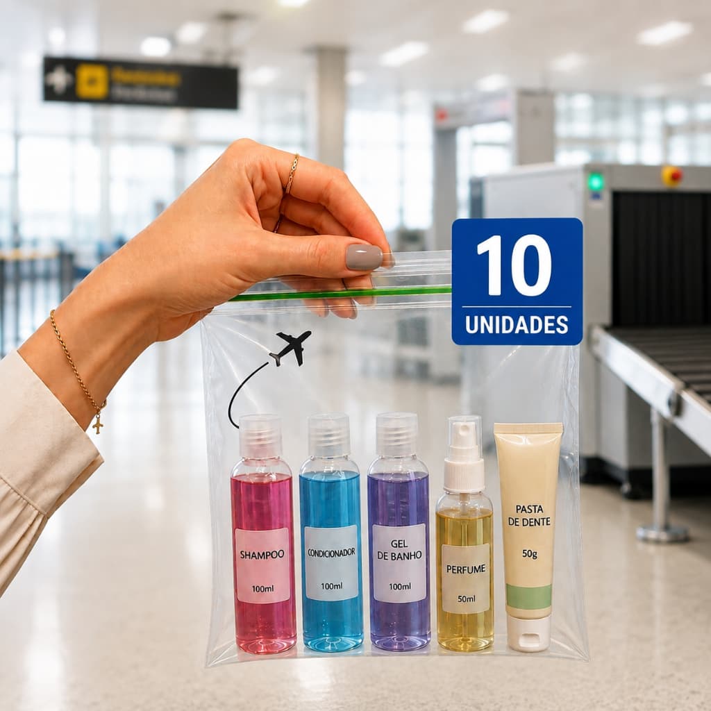 KIT 10 Sacos Zip 1 Litro 20x20 cm Viagem internacional  Anac oficial Líquidos  mala de mão aeroporto