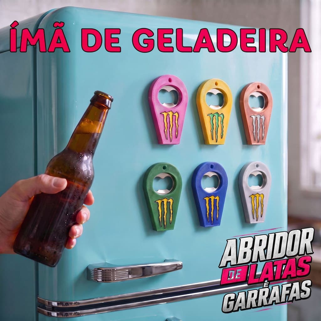 Abridor de latas e garrafas com imã para geladeira