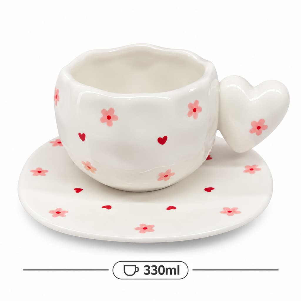 Xícara de Porcelana com Pires 330ml Design Coração - Estampa Flores e Corações Estilo Coreano