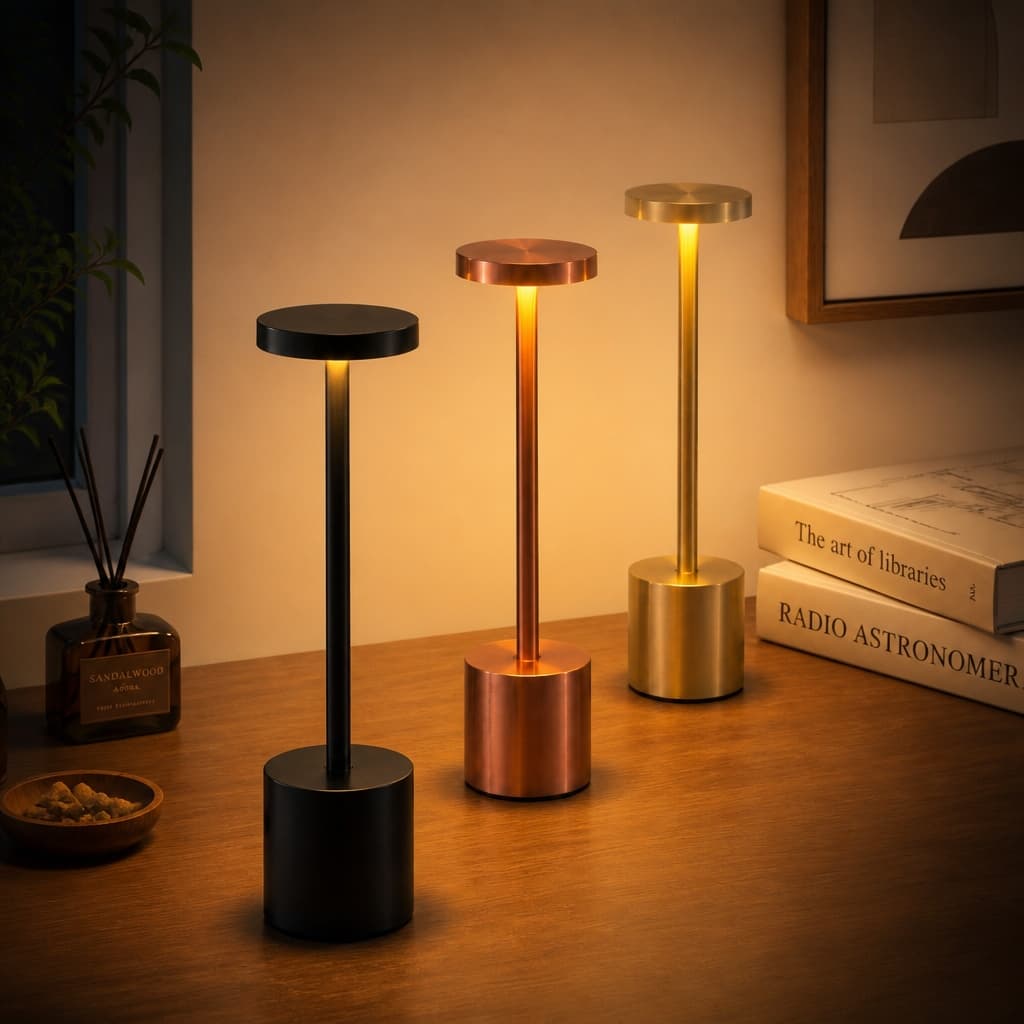 Luminária de Mesa Abajur Cabeceira Escrivaninha LED 3em1 Recarregável Tipo C Preto Rose Gold Dourado