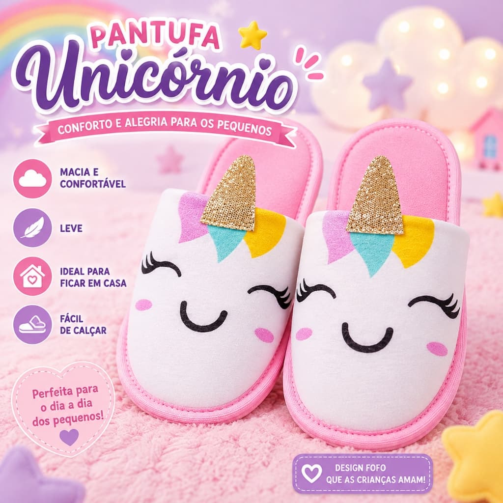 Pantufa Infantil Menina Unicórnio Chinelo de Quarto Macia Leve e Confortável