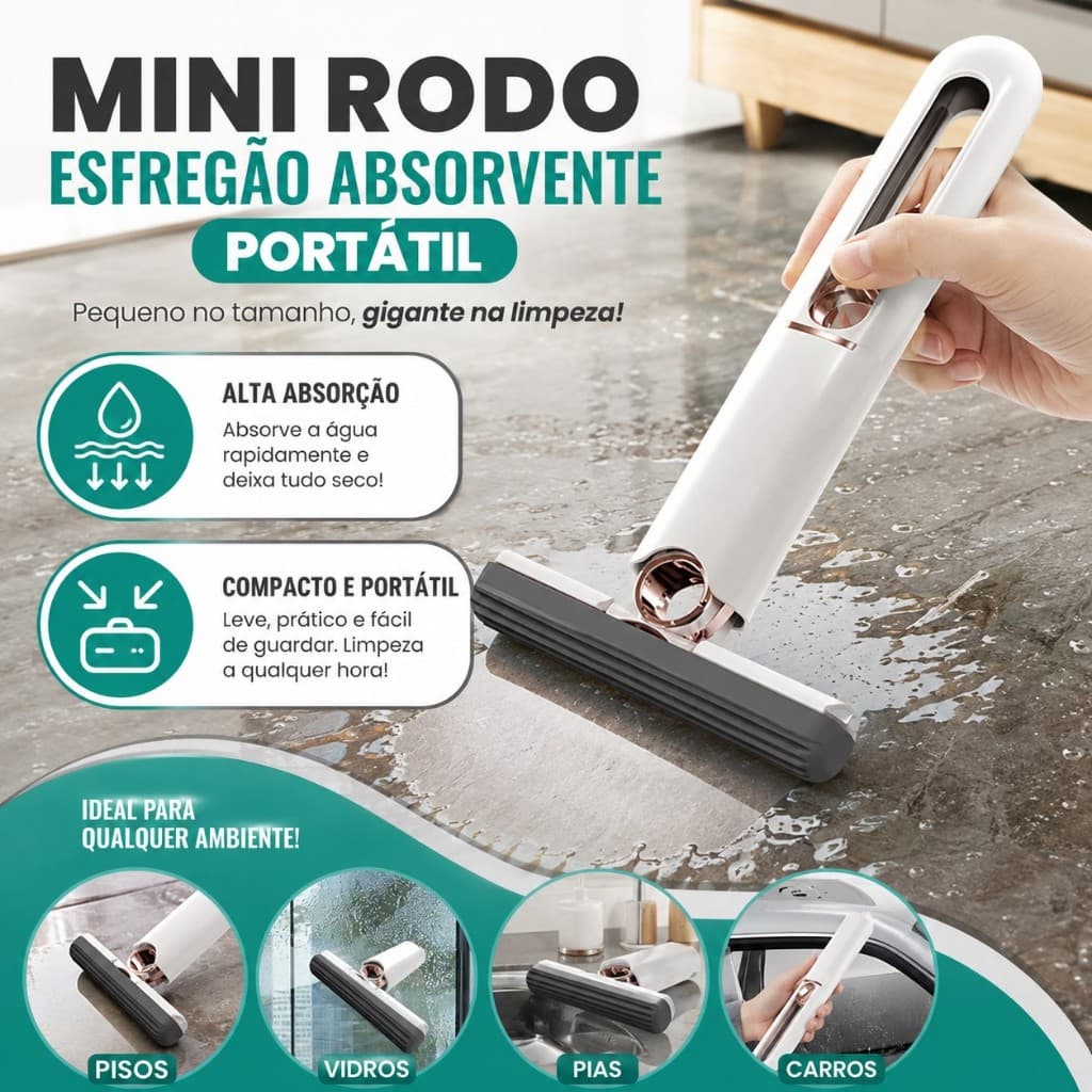 Mini Rodo Esfregão Portátil com Esponja Absorvente para Limpeza de Vidros Box Pia Banheiro Cozinha