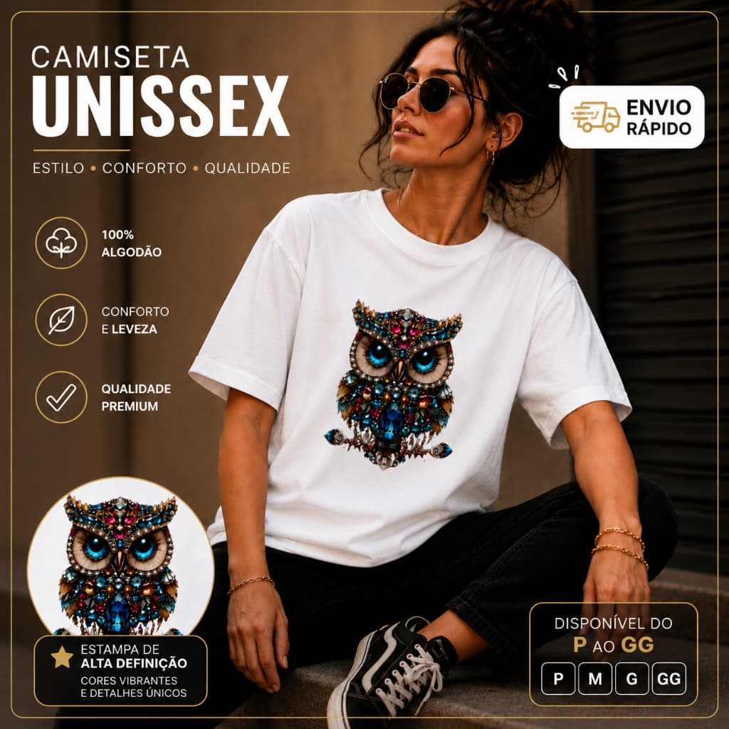 Camiseta Unissex 100% Algodão Estampada Coruja Feminina Masculina Envio Rápido