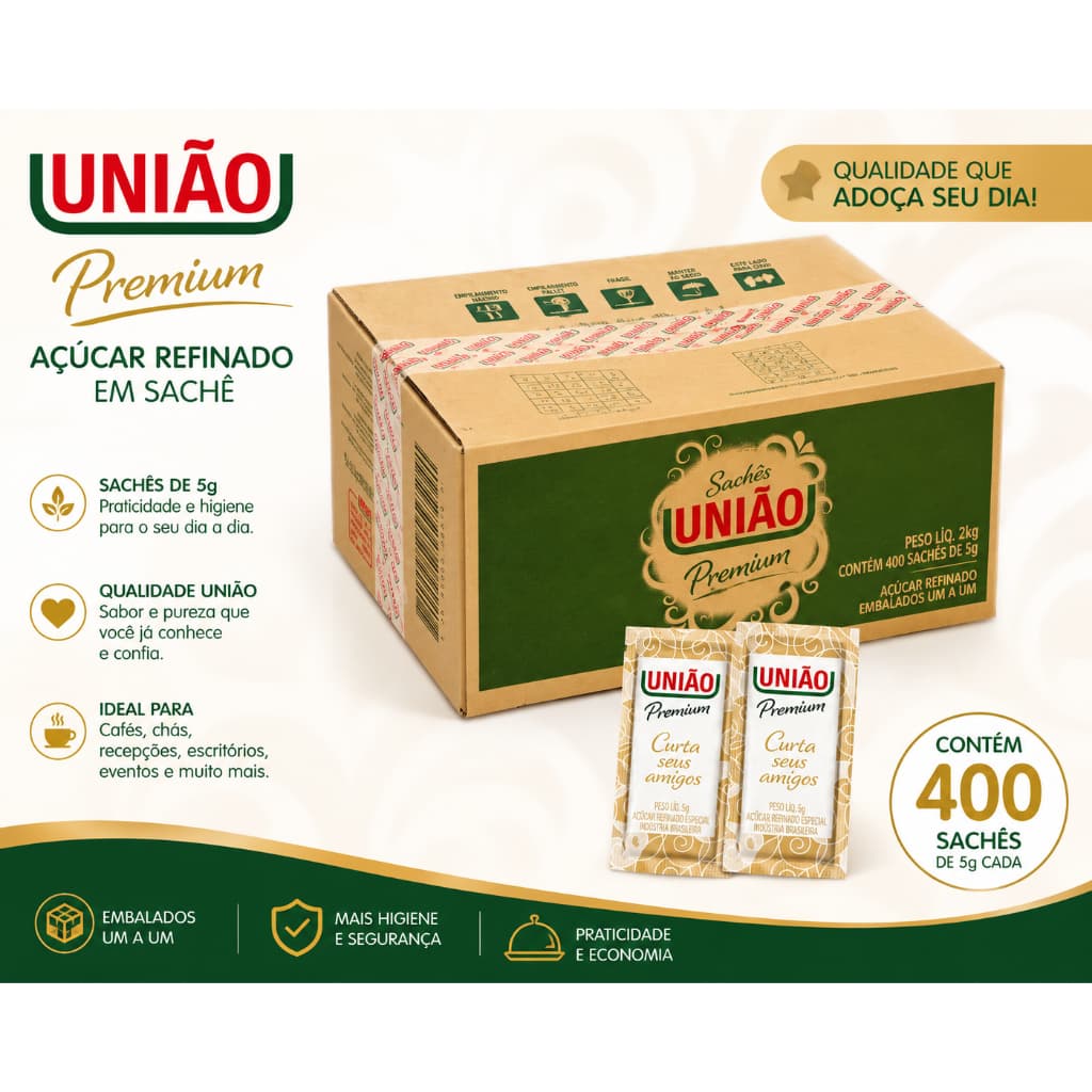 Açúcar Sachê União Premium - C/ 100 200 400 unidades