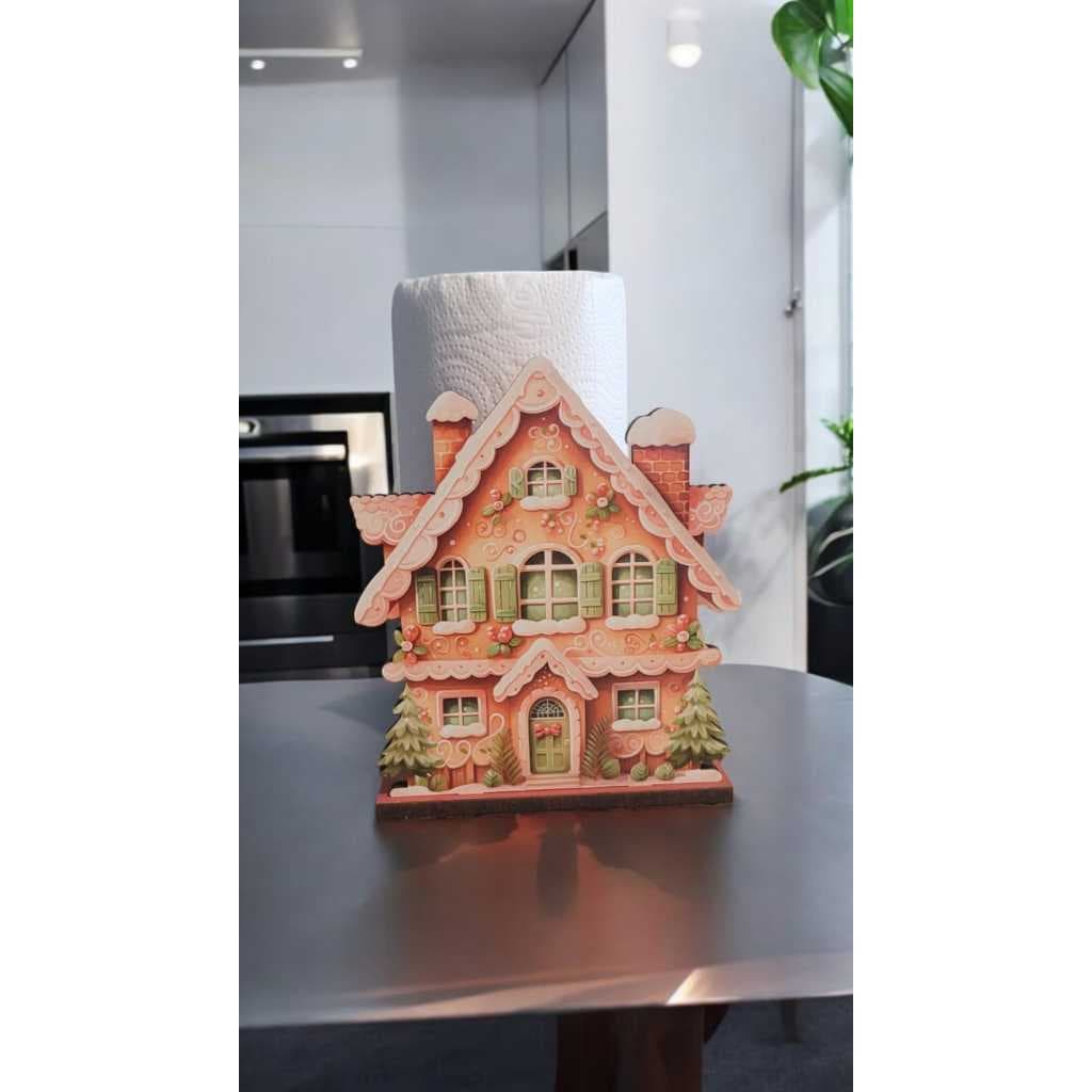 Porta-Rolo Papel Toalha Casa De Natal Em MDF Para Cozinha Casinha De Gengibre Mesa Posta