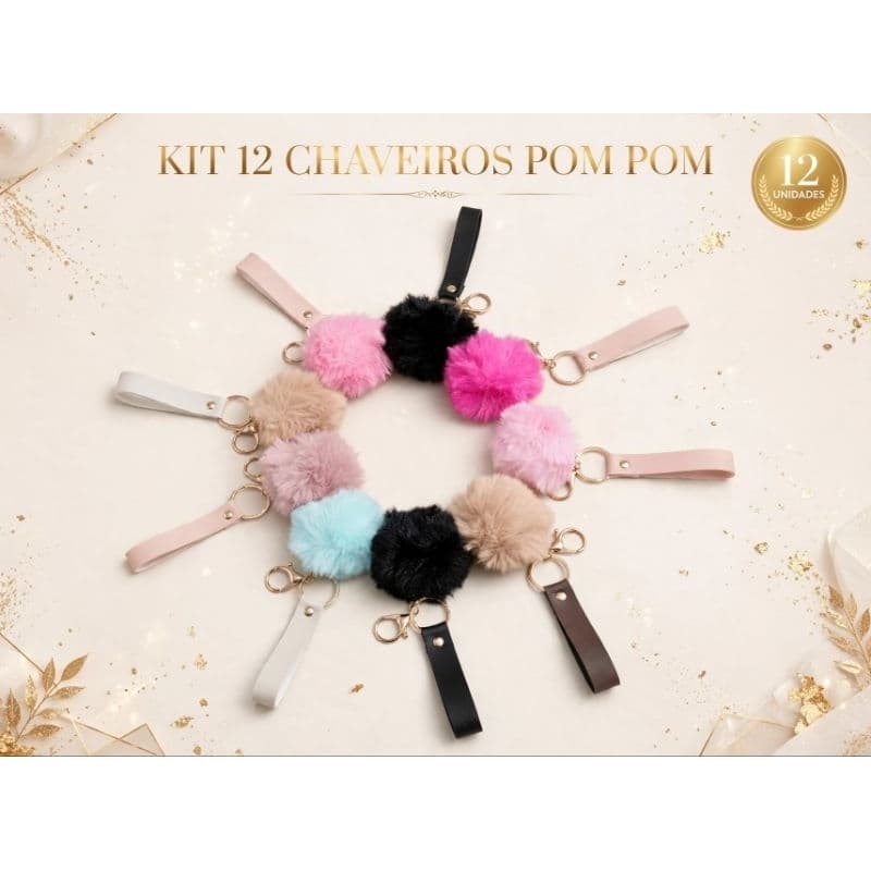 Kit 12 Chaveiros Pom Pom De Pelúcia Fofo Presente Bolsa Alça de Couro