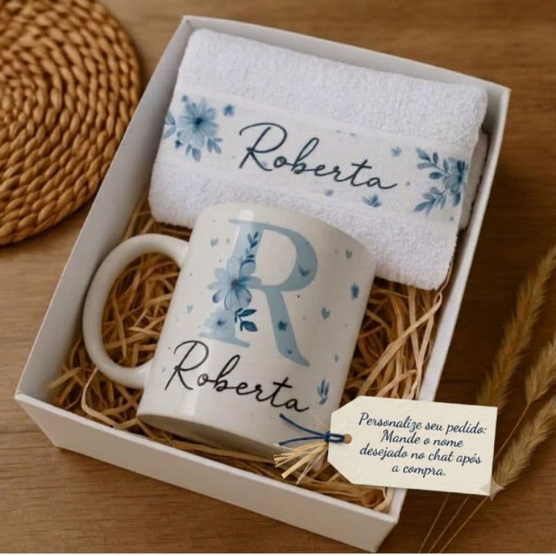 Kit Caneca Personalizada com Inicial e Nome + Toalha | Presente Exclusivo