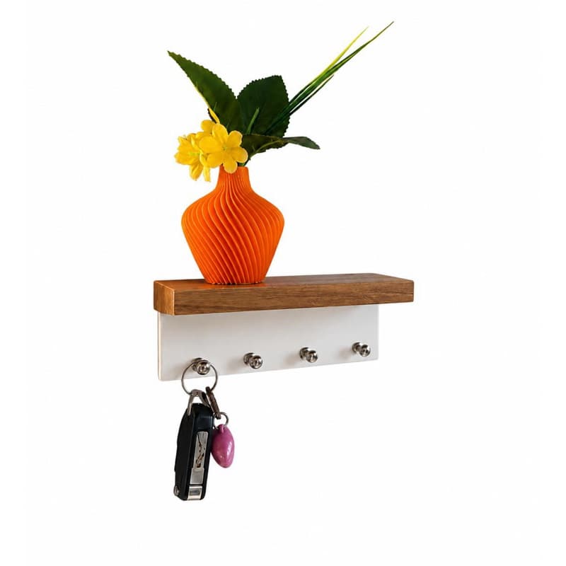 Porta Chaves Minimalista para 4 chaveiros MDF Branco e Madeirado.