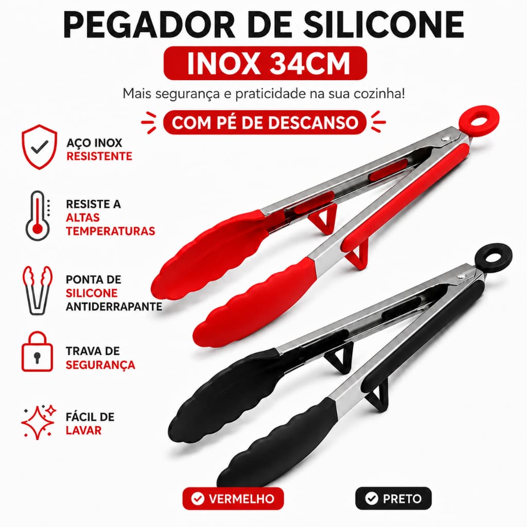 Pegador Inox com Silicone 34cm Grande Para Churrasco Salada Resistente ao Calor ENVIO IMEDIATO