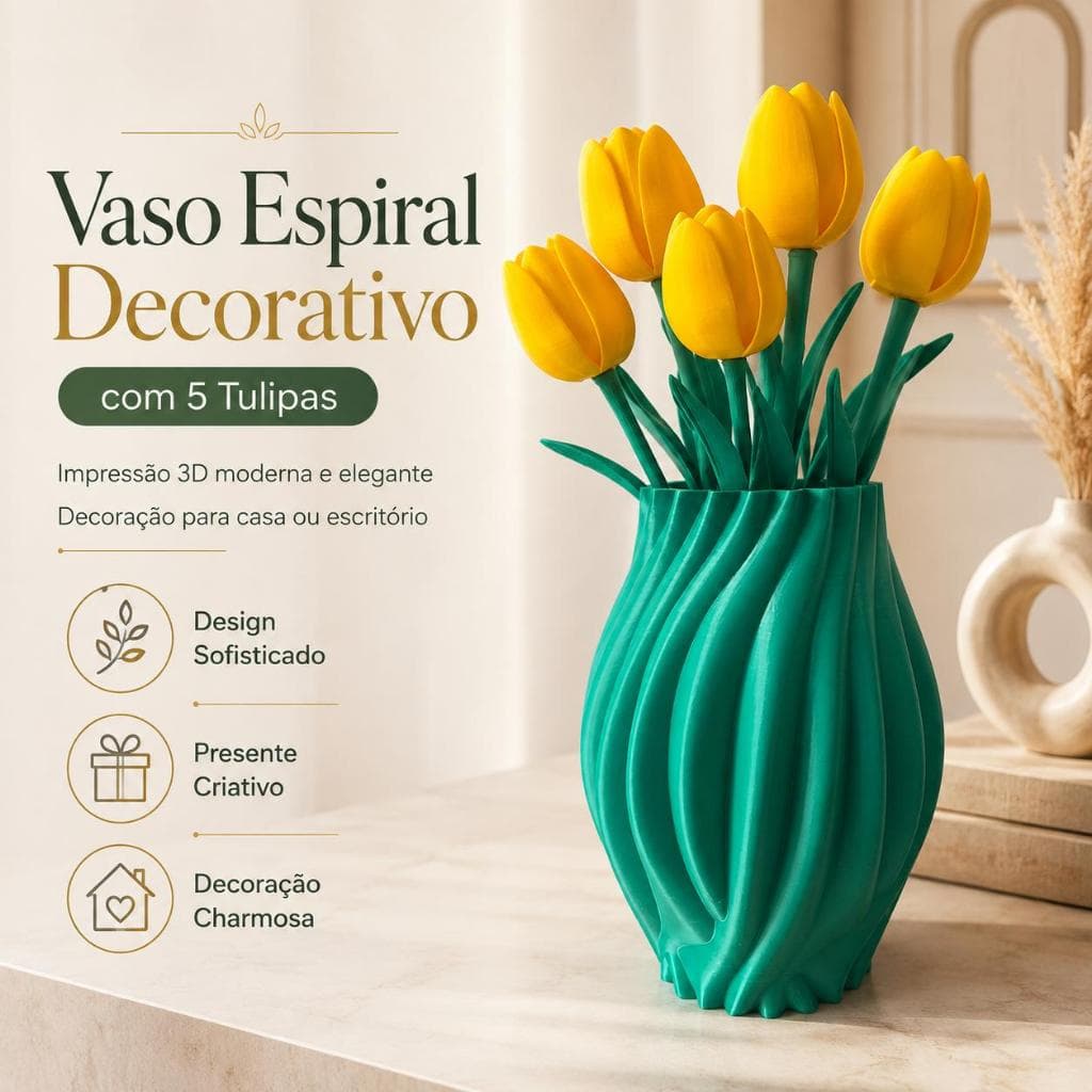 Vaso Espiral Decorativo com 5 Tulipas - Impressão 3D para Decoração de Casa, Escritório ou Presente