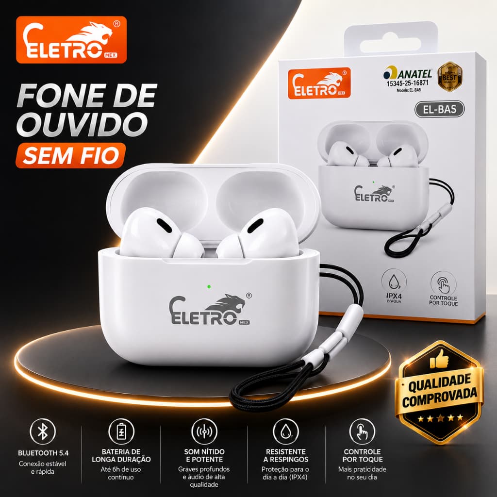Fone Bluetooth Sem Fio Original Eletromex 5.4  Com Microfone Android iOS Tipo C