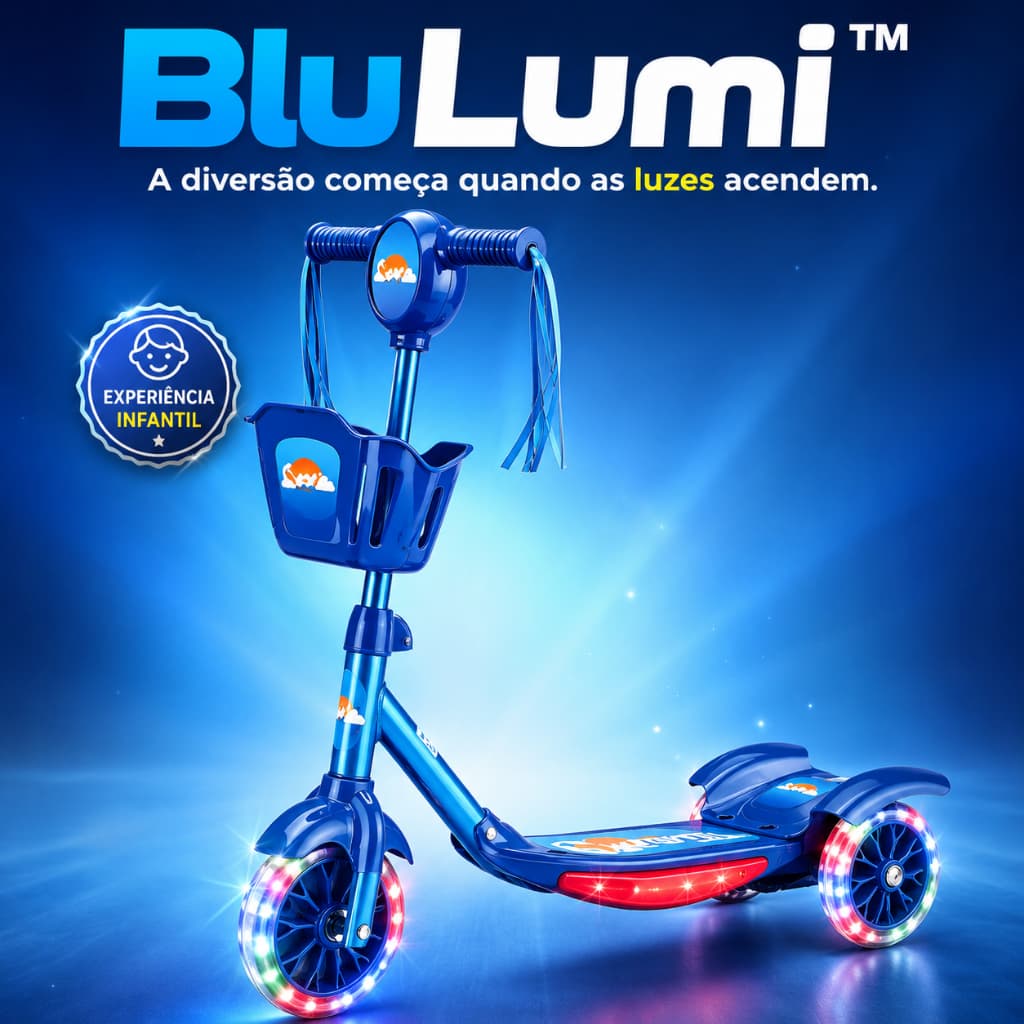 Patinete Infantil 3 Rodas Dobrável BluLumi com Luzes LED e Som Azul +3 Anos Até 35kg