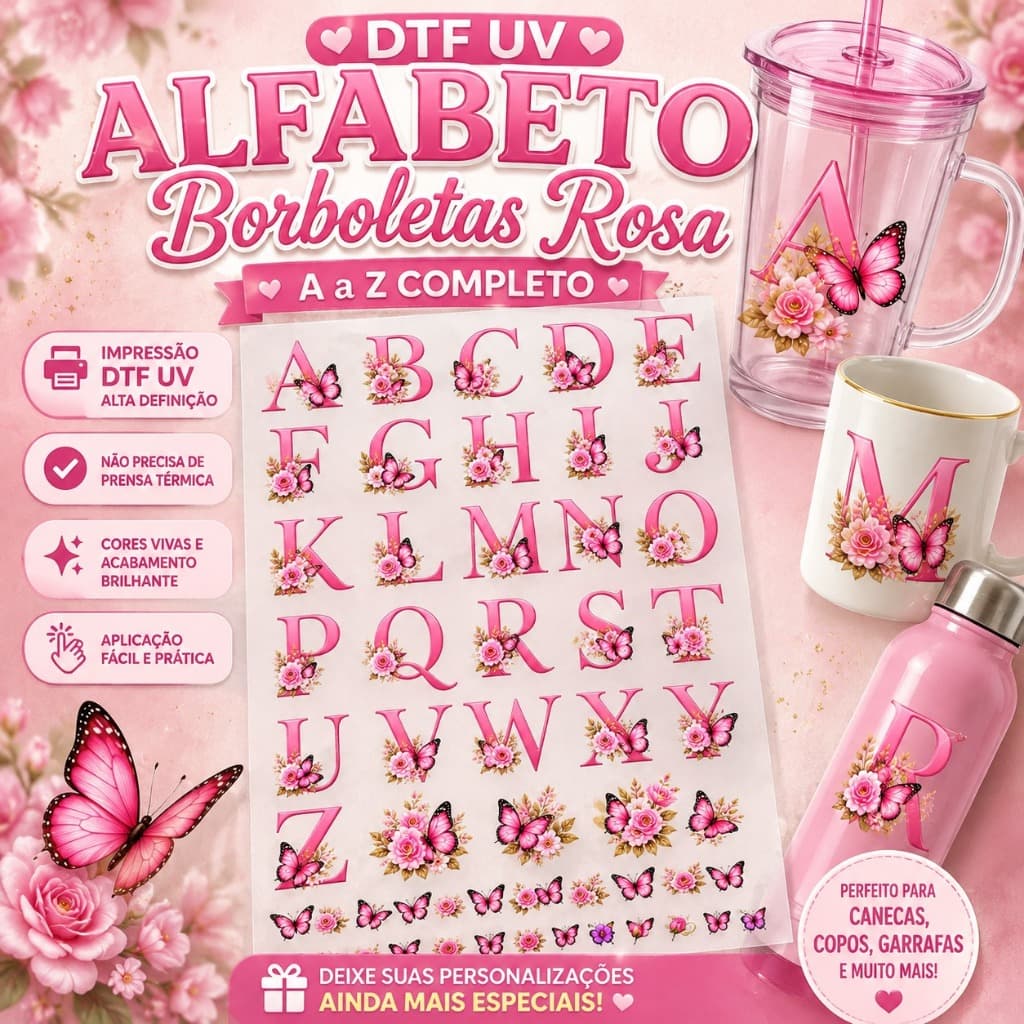 DTF UV Alfabeto Borboletas Rosa A a Z | Adesivo Floral para Caneca Copo Garrafa Personalização
