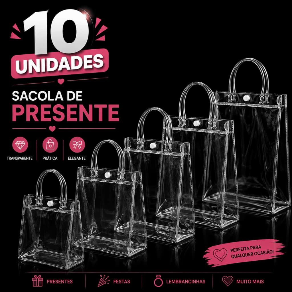 10 Sacolas de Presente Plásticas Transparentes com Alças Reforçadas para Festas Lembrancinhas e Presentes