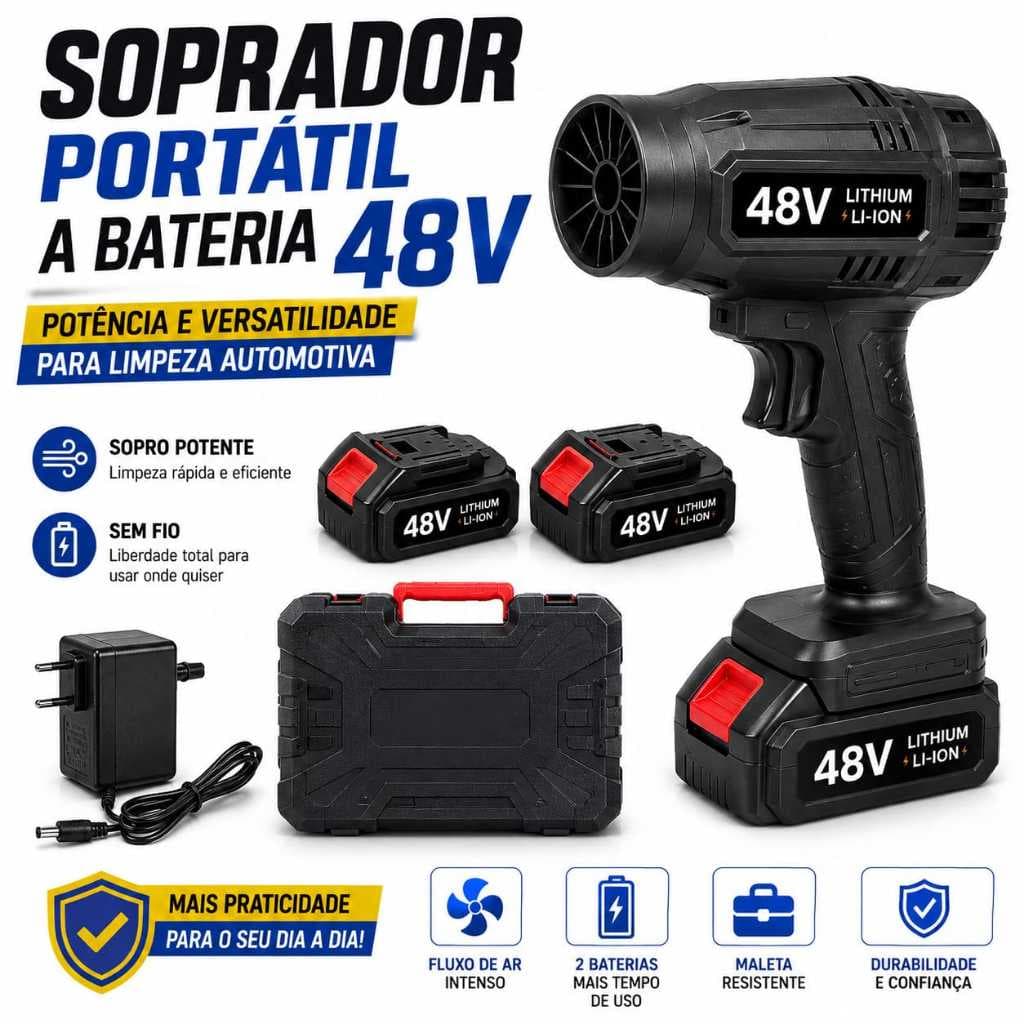 Soprador de Ar Profissional 2 Bateria 48V Recarregável Potência  Limpeza Automotiva casa Jardim - GJ-3523