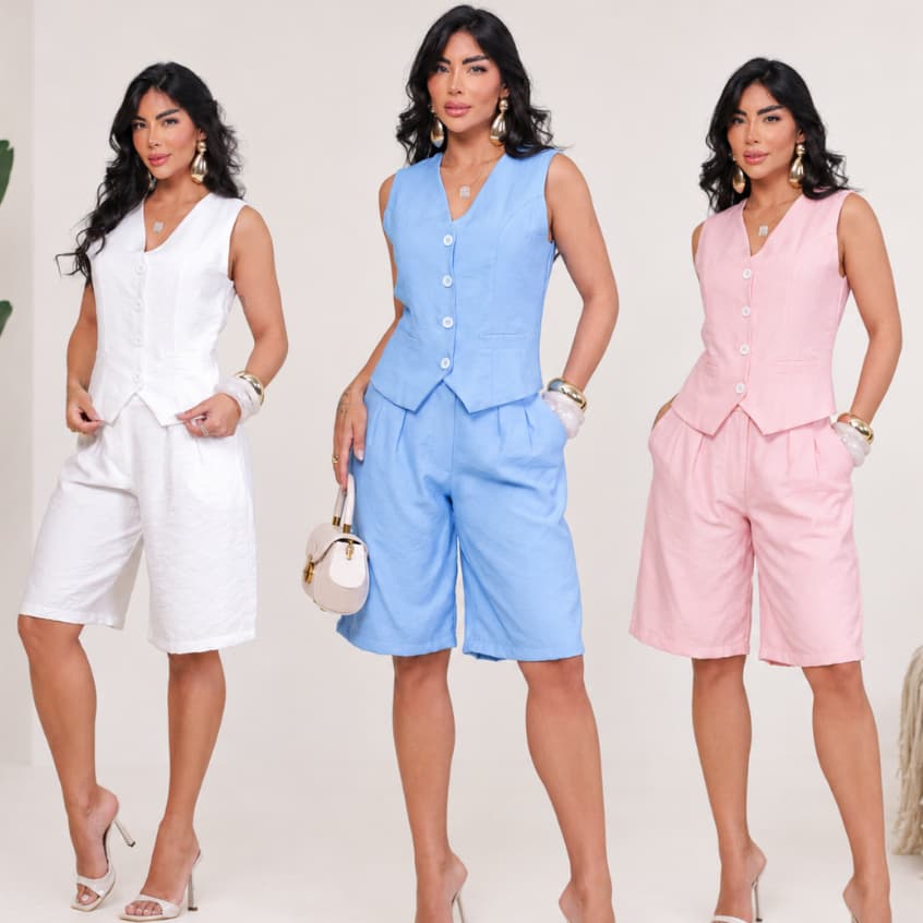 Conjunto Feminino Colete e Bermuda em Marrant Sensorial com Botões Frontais
