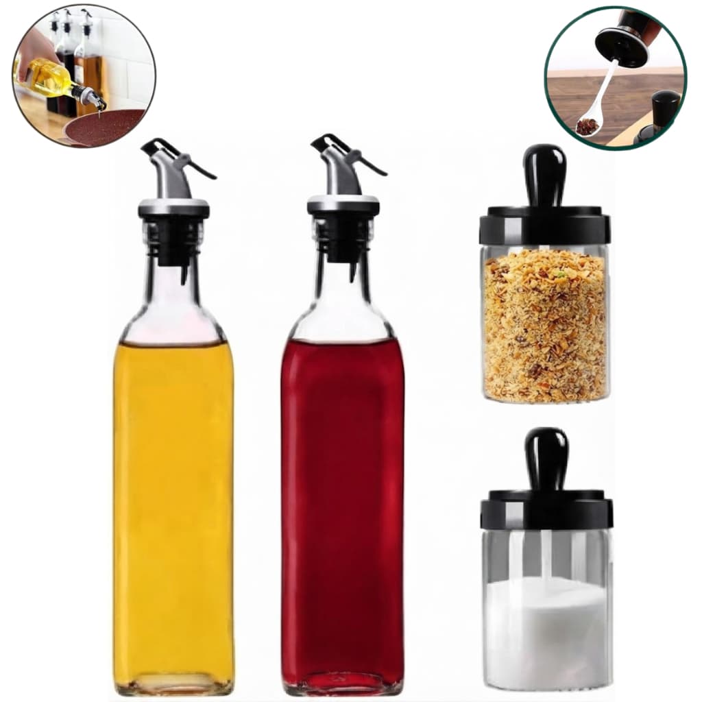 Kit 2 e 4 Galheteiros Garrafa de Vidro 500ml com Bico Dosador Azeite Vinagre Oleo Shoyu Aço Inox Sal