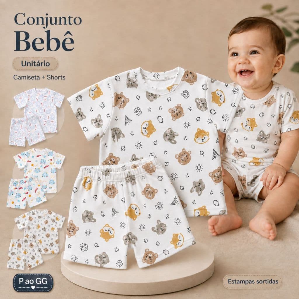 Conjunto Sortido Estampado De Menino Infantil 1 Camiseta + 1 Shorts Roupa Bebe Tamanhos P ao GG