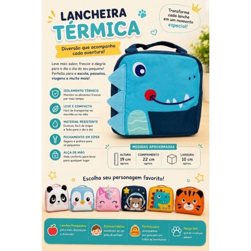 Bolsa térmica lancheira fofa.Lancheira Infantil Térmica, bolsa para  Marmita Escolar Porta Lanche