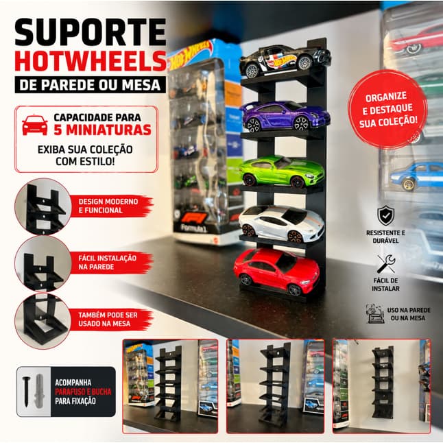 Suporte Premium Hot Wheels para 5 Miniaturas Parede ou Mesa Organizador Expositor de Coleção
