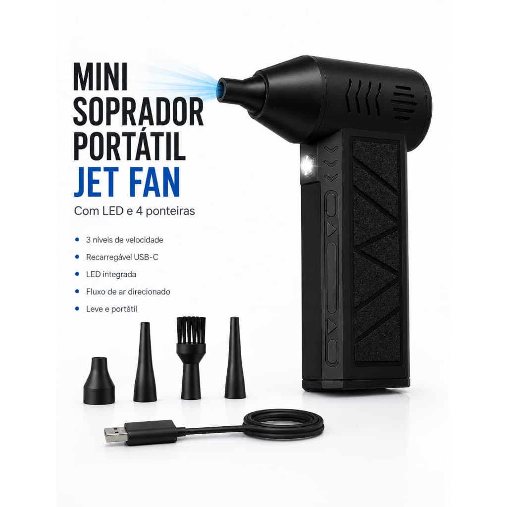 Mini Soprador Portátil Jet Fan Recarregável LED 3 Velocidades Ponteiras