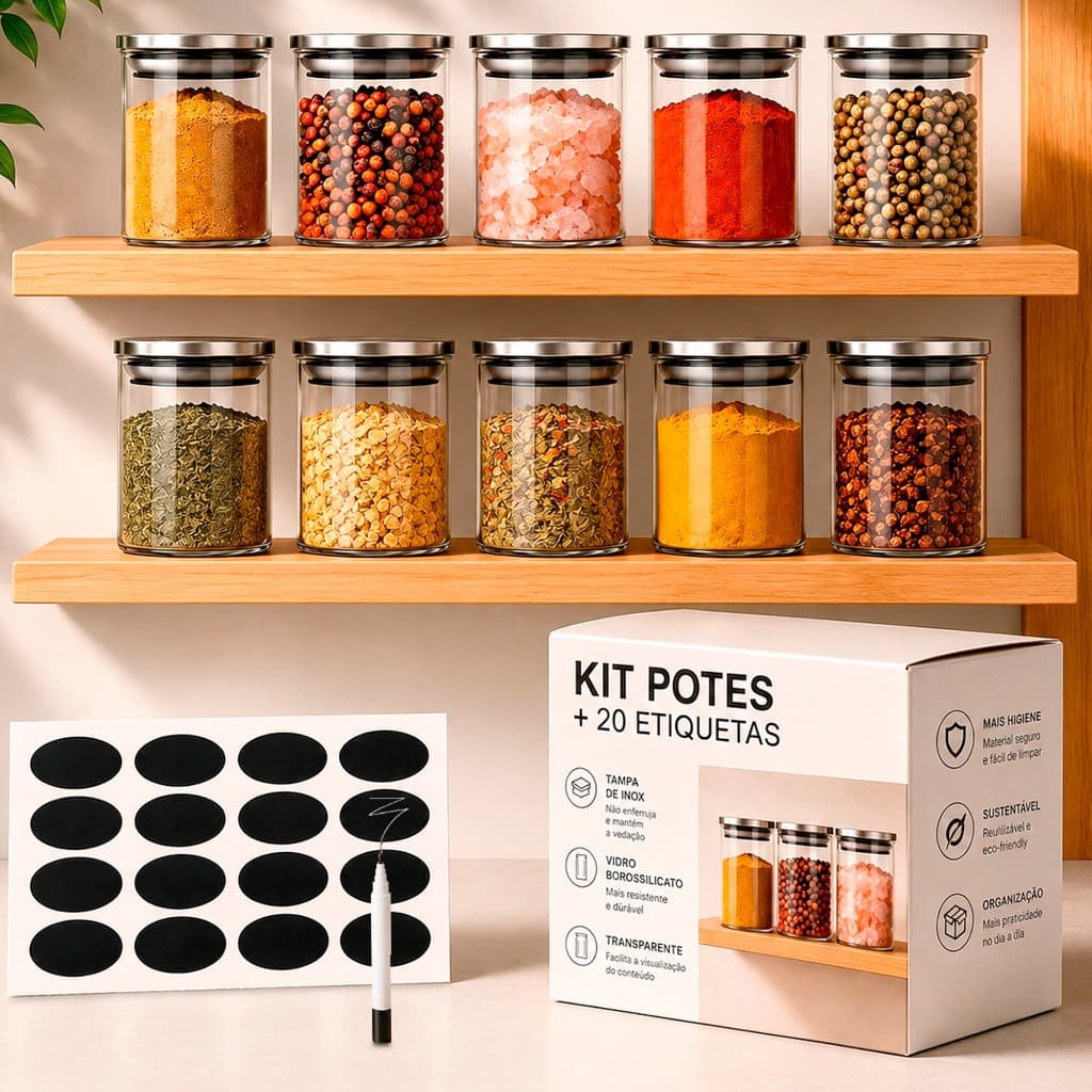 KIt 5 ou 10 Pote Vidro Herméticos Redondo Com Tampa Inox + Etiqueta Adesiva Porta Tempero Condimento