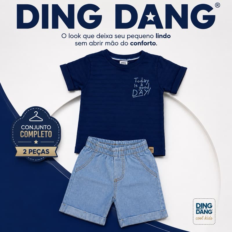 Conjunto Infantil Menino Ding Dang Camiseta + Bermuda Jeans Confortável Tamanhos 1 2 3
