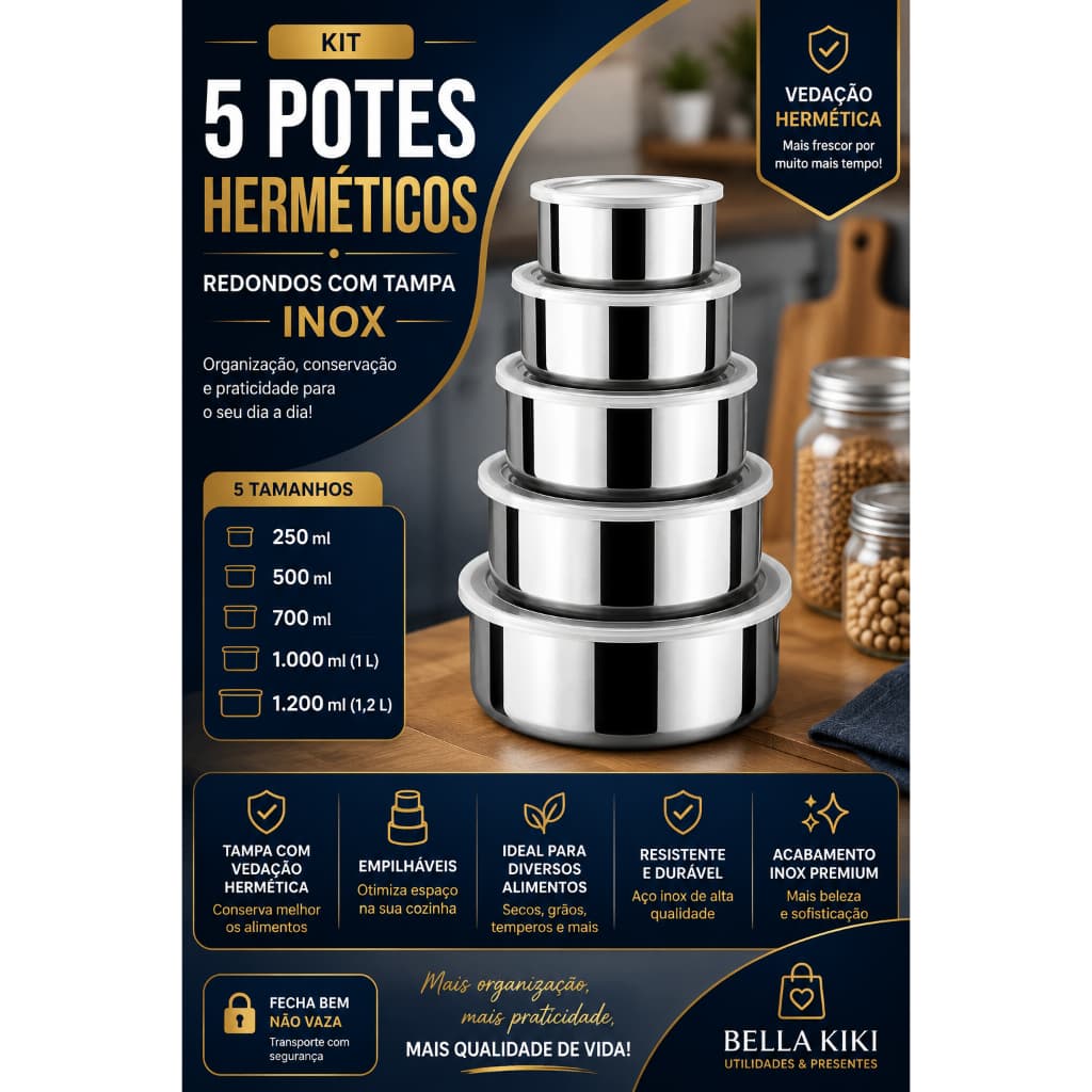 Conjunto 5 Potes Hermeticos Redondos Inox Com Tampa Organizadores De Alimentos Cozinha