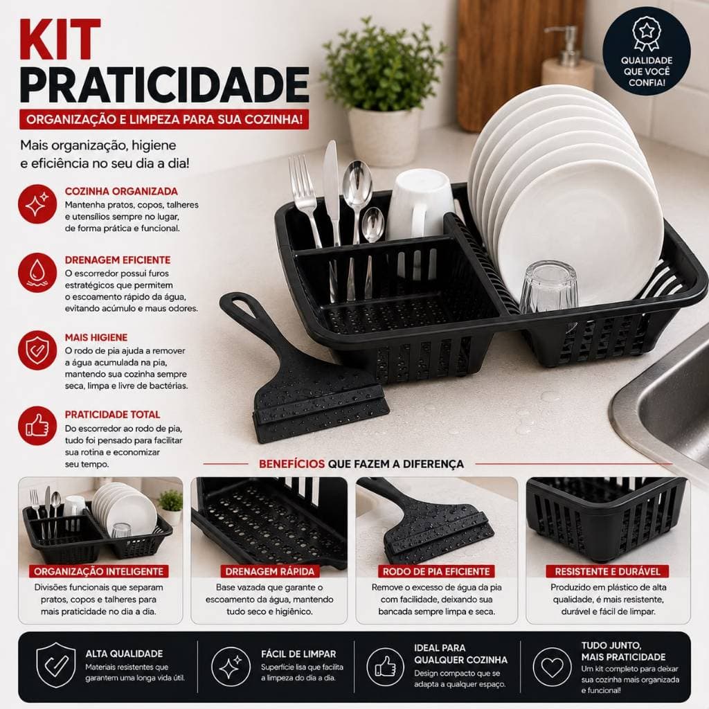 Kit Organizador de Pia Escorredor Simples de Louça e Rodinho de Limpeza