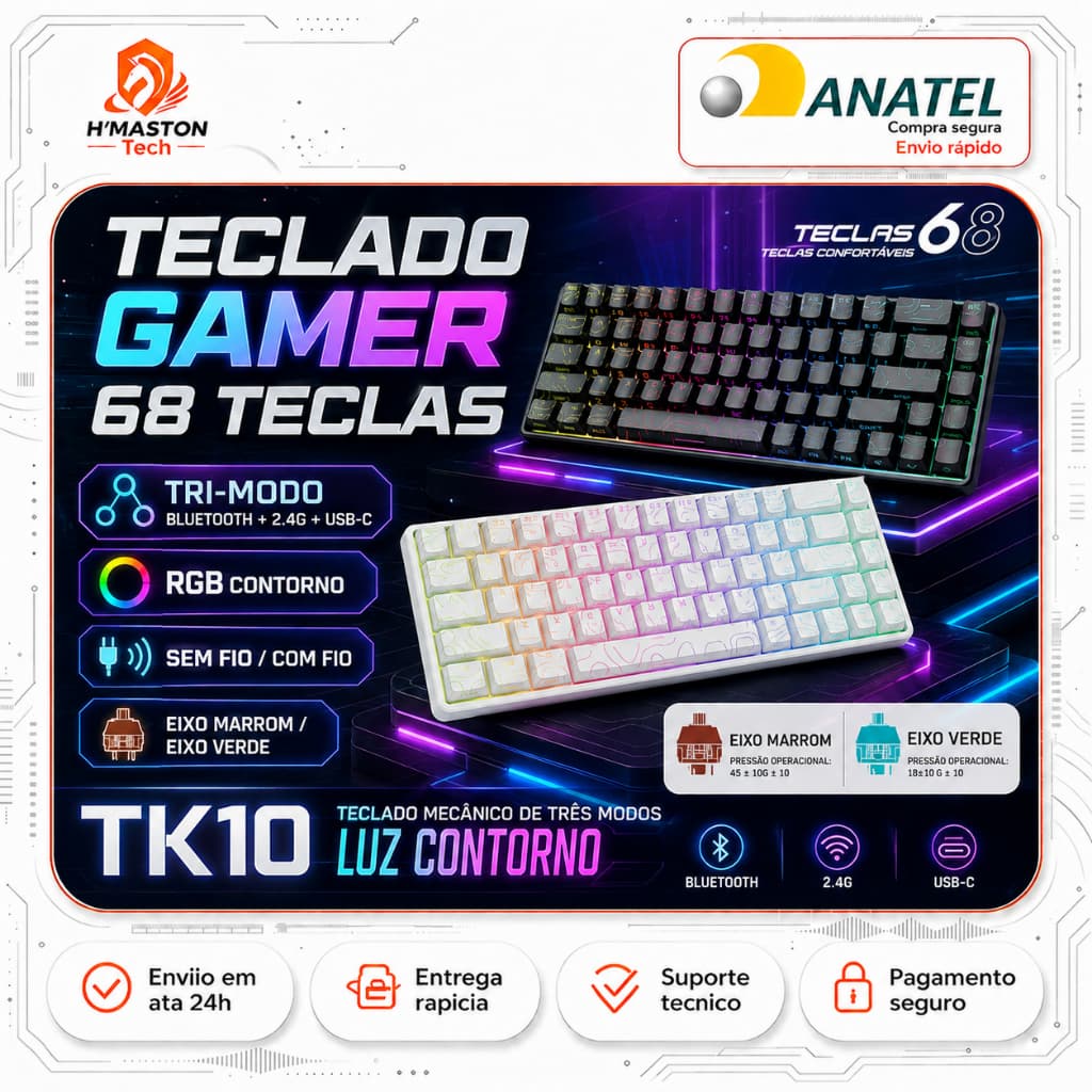 H'MASTON Teclado Mecânico 65% TK10 Teclado Gamer Mecanico Teclado Mecânico Sem Fio Teclado Gamer Sem Fio