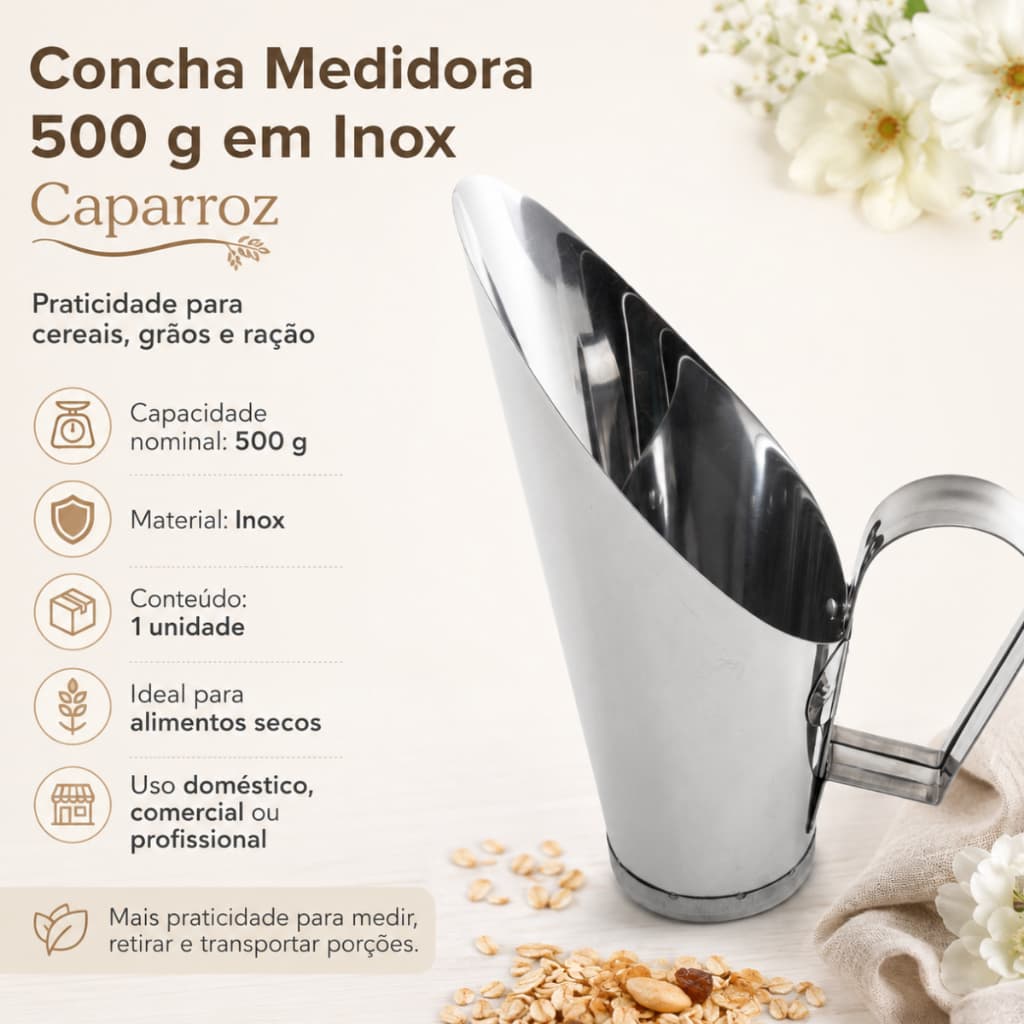 Concha Medidor Caparroz 500g Cereais Grãos Alimentos Ração Aço Inox  Alimentos Secos Mercado Pet Shop Cozinha