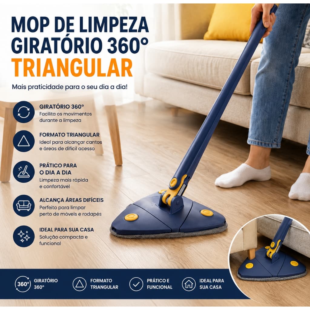 Mop Giratorio 360 Graus Limpeza Piso Cantos Areas Dificeis Triangular