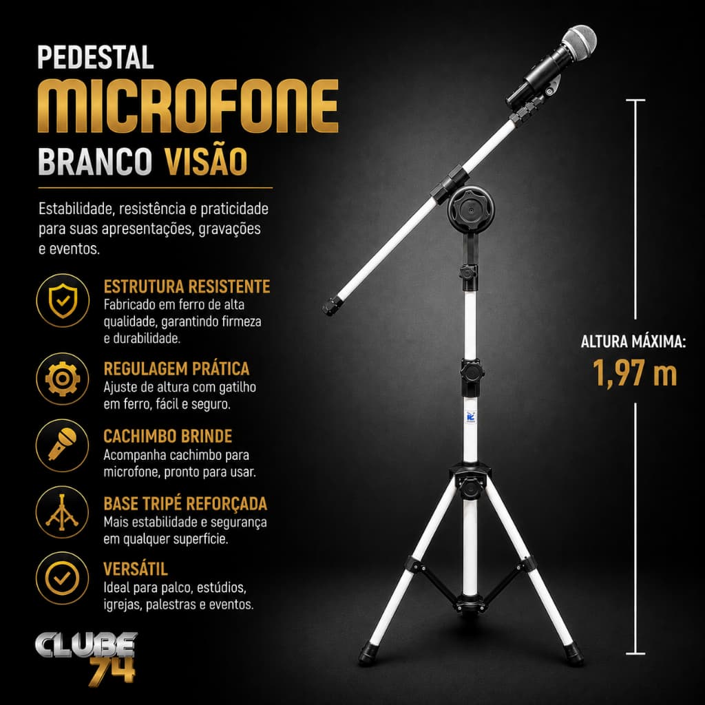 Pedestal Microfone Branco C/ Regulagem Gatilho Ferro + Cachimbo Brinde Visão PE-4 BR Oferta
