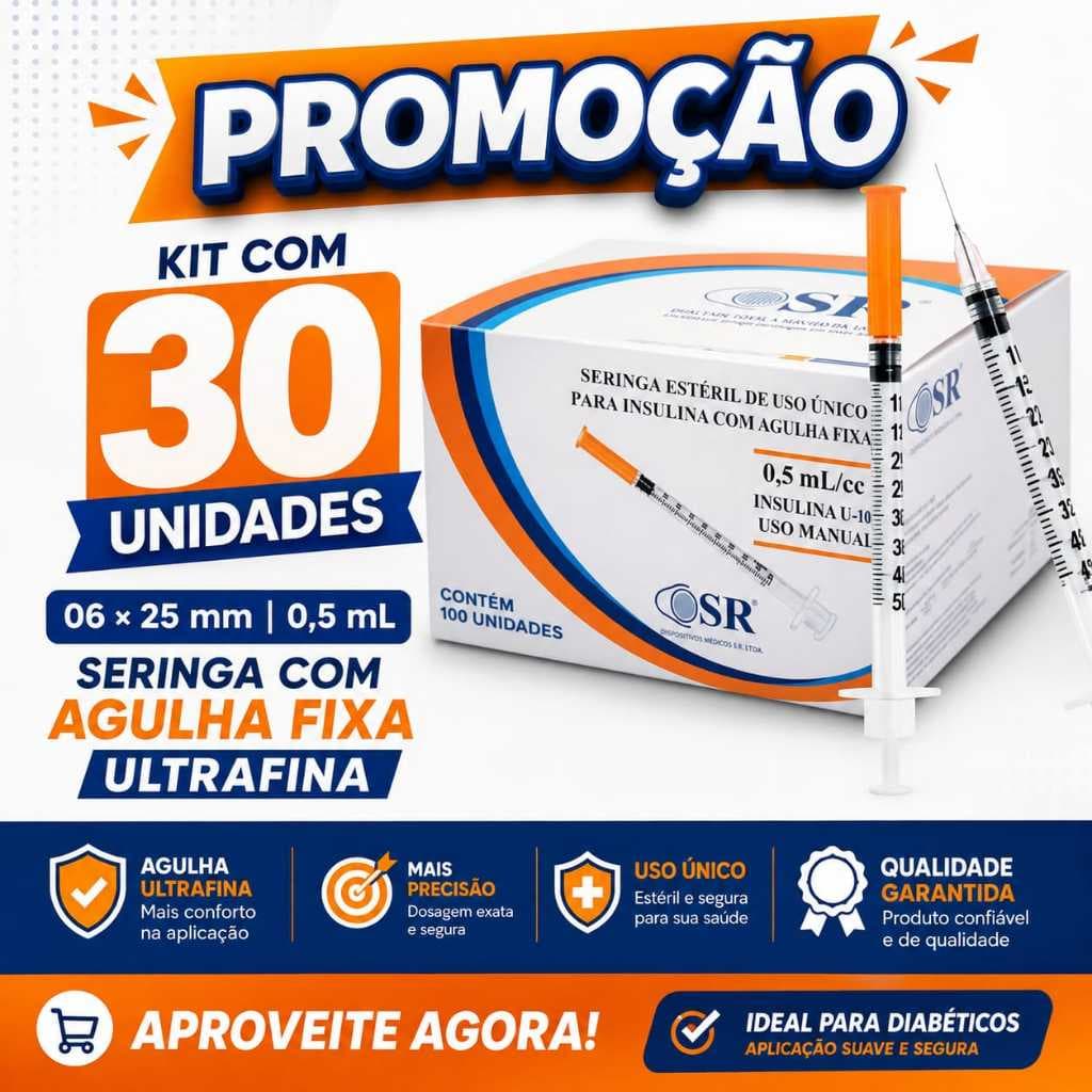 Seringa Insulina 0,5ml com Agulha Ultrafina - KIT com 30 un - SR 0,6x25mm