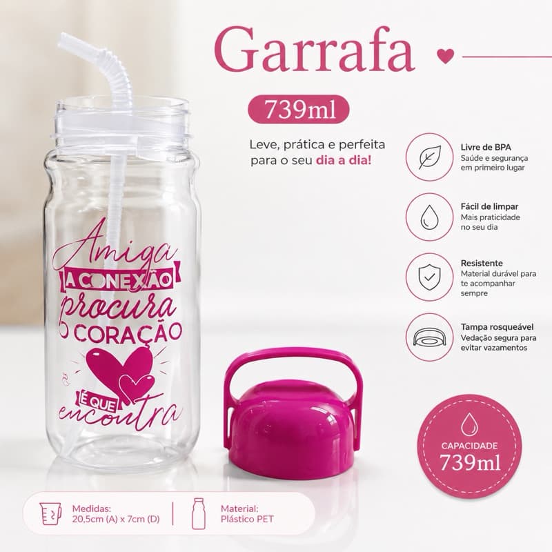 Garrafa 739ml com Canudo e Tampa com Alça – Squeeze Transparente Reutilizável