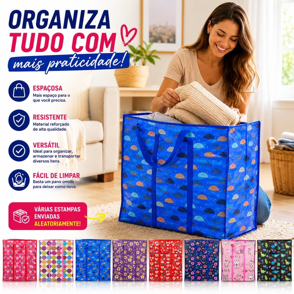 Sacola de Feira Super Grande Zíper Impermeável Resistente Compras Viagens Estampa Sortida