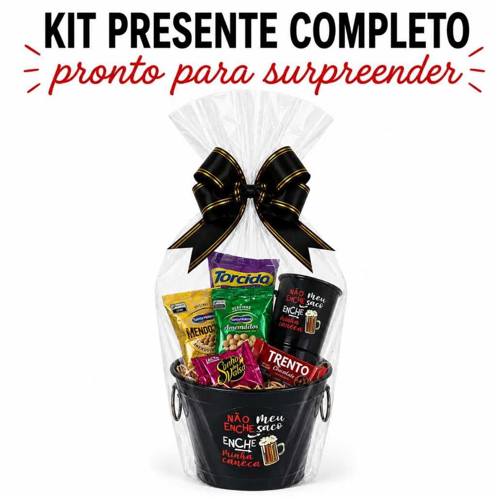 Kit Presente Cesta Surpresa Pronto Kit Boteco Baldinho de Gelo Em Alumínio Com Caneca e Aperitivos