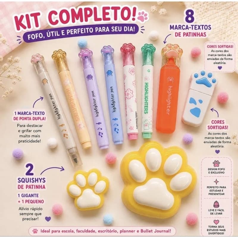 kit 8 Marca Texto Patinha + 2 Squishy Anti-stress