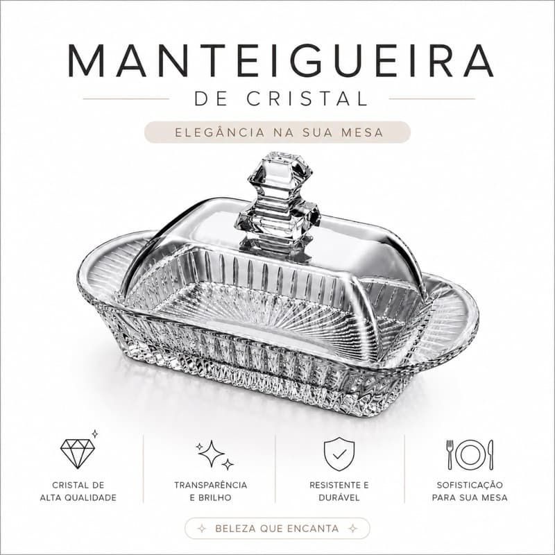 Manteigueira de Vidro Cristal com Tampa e Alças 17cm Elegante