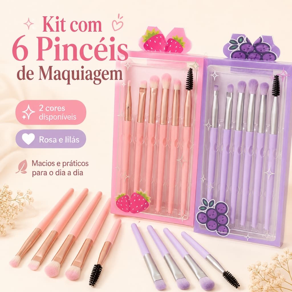 Kit com 6 Pincéis de Maquiagem para Olhos e Sobrancelhas – Cerdas Macias Rosa ou Roxo