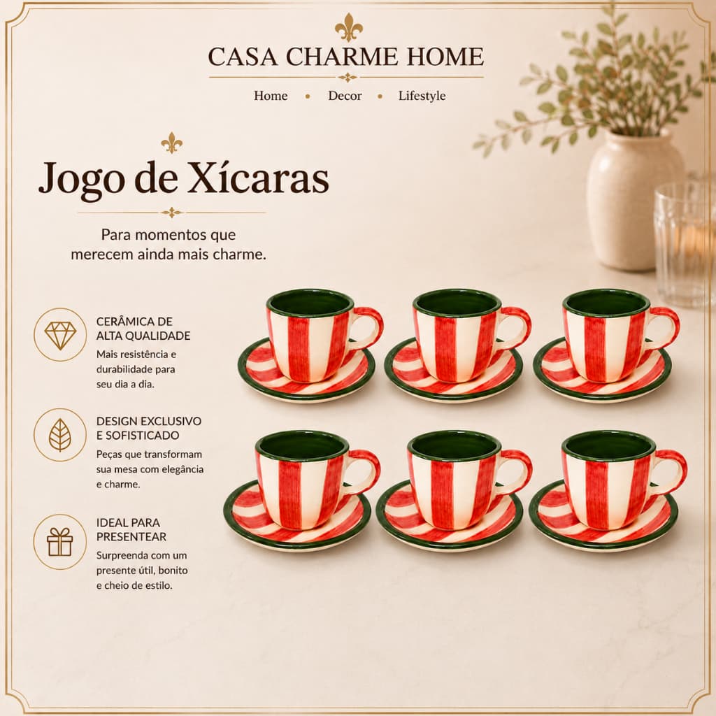 Kit 6 Xícaras com Pires Natal Café Cerâmica Pintada a Mão Artesanal 100ml