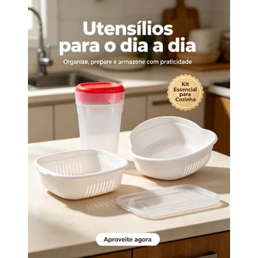 Kit Cozinha 4 Peças Escorredor de Arroz + Escorredor de macarrão + Pote 500ml + Jarra 2L Plástico