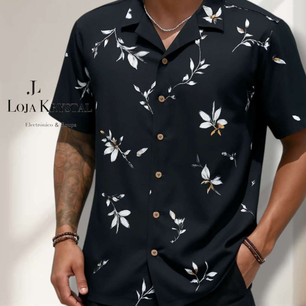 LOJAKRYSTAL Camisa Floral Havaiana Praia Verão Masculino Manga Curta De Botão Tecido100% Viscose encolhe um pouquinho