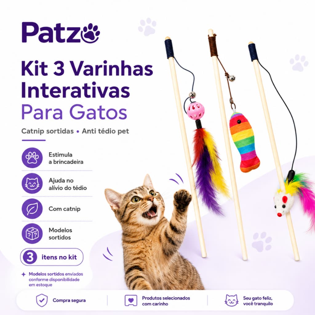 Kit 3 Varinhas Interativas Para Gatos Catnip Sortidas Brinquedo Anti Tédio Pet